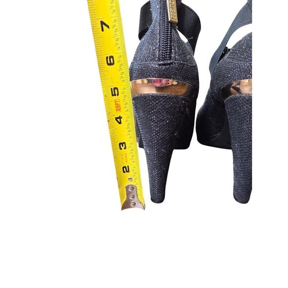 Guess Black Glitter Fabric Platform Heels With Back Zipper & Ankle Strap 8.5M - Picture 3 of 16